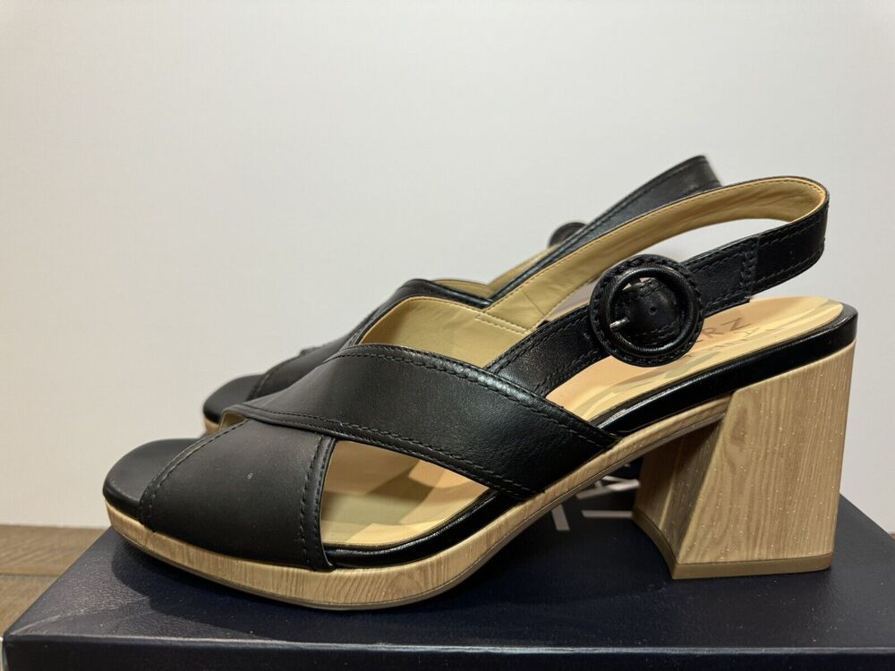 Naturalizer Renly Peep Toe Bamboo Block Heel Black Sandal - Women’s 9.5M